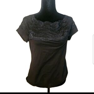 H&M Womens Black Stretch Lace Neck Cap Sleeve Blouse L